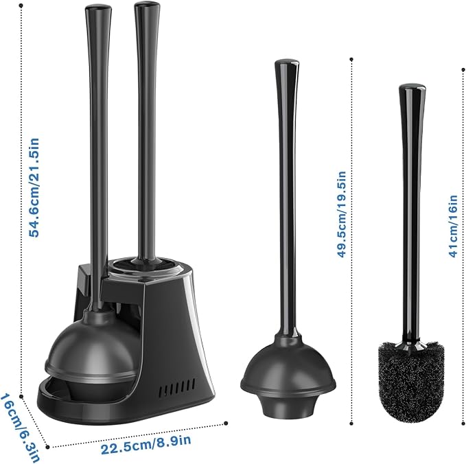 Toilet Plunger and Brush, 2 Pack Bowl Brush and Heavy Duty Toilet Plunger Set with Ventilated Holder, 2-in-1 Toilet Brush and Plunger Combo for Bathroom Cleaning (Black)