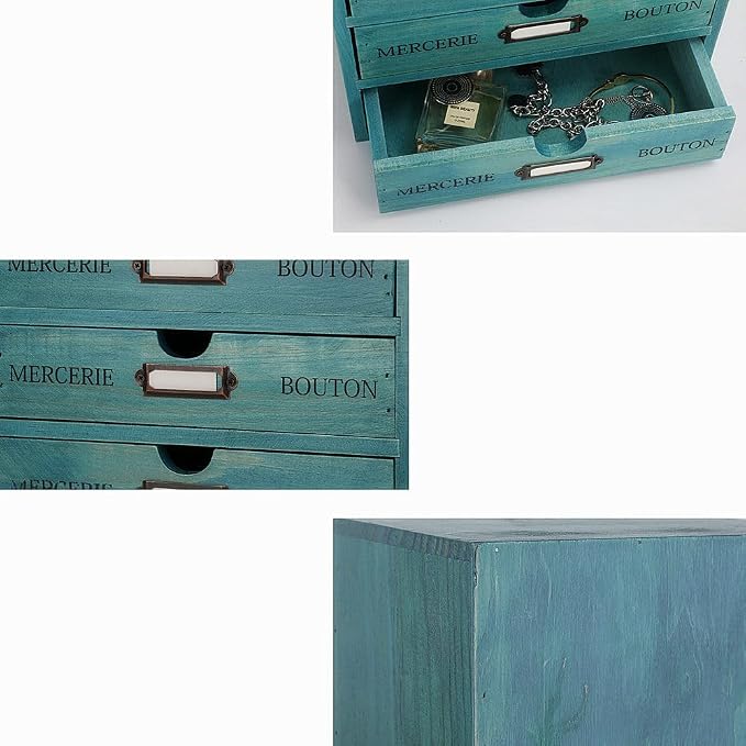 Small Wooden Drawers Wooden Box with Drawer Blue | 2 Drawer Storage Box for Apothecary Cabinet, Apothecary Drawers,Desktop Organizer with Metal Handles for Office,Home