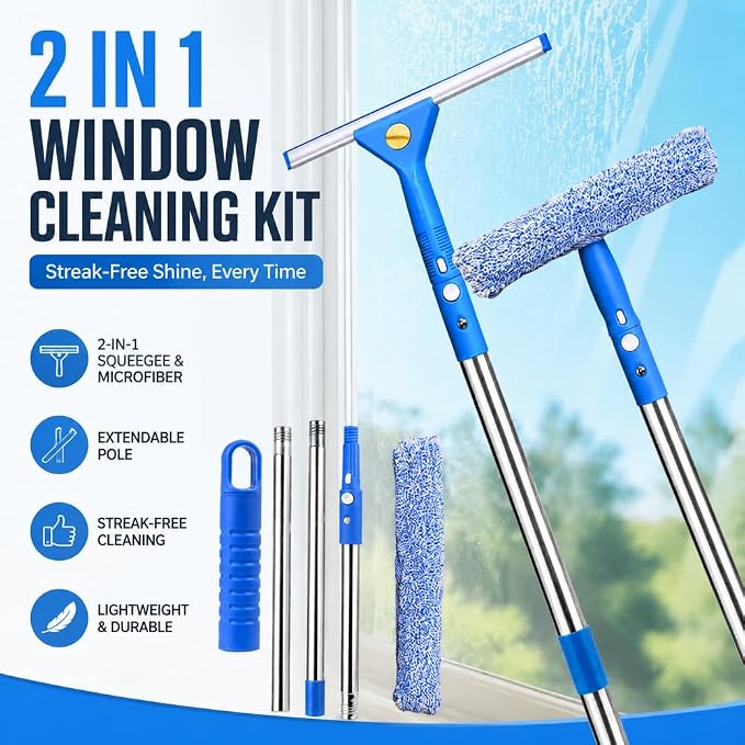 2-in-1 Window Cleaning kit with 51" Extension Poles, Suitable for Indoor & Outdoor Windows, High Glass, High Windows, Multi-Purpose Car Windshield Cleaning(Blue 15.74in - 51.18in)