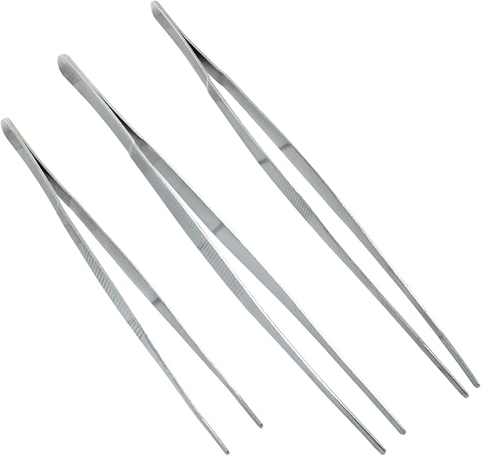 3Pcs Stainless Steel Tweezer Set (8" 10" 12"), Kitchen Tweezers Tongs, Cooking Tweezers with Precision Serrated Straight Tips, Long Handle Food Tweezers for Culinary, Bar, BBQ, Plating