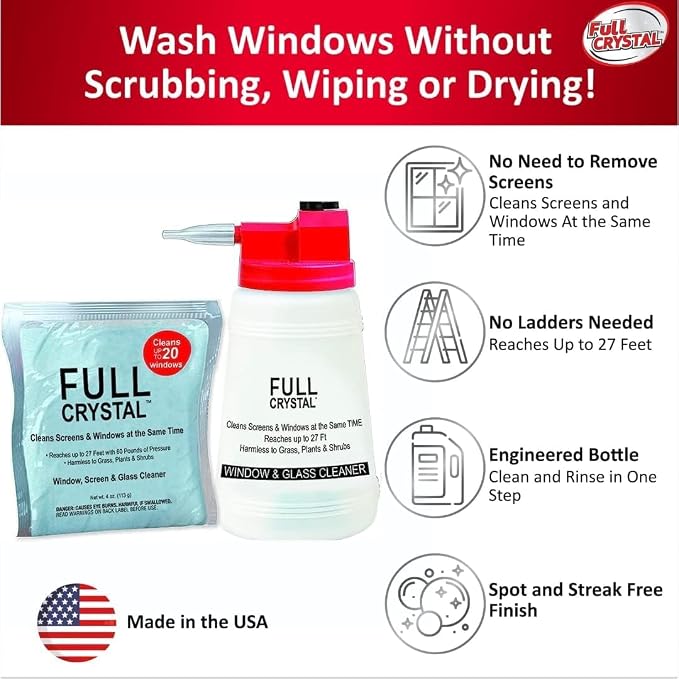 Full Crystal Window Cleaner, Bottle + 8oz Powder, Cleans Up to 40 Windows