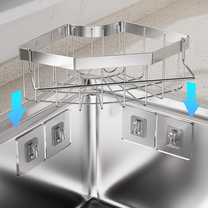 Sink Organizer, Silver Stainless Steel Sponge Holder with Towel Bar, Self-Adhesive Kitchen Storage Rack,Suitable for right-angle sinks