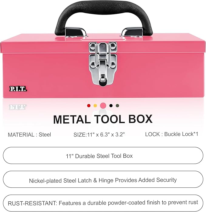 P.I.T. 11'' Small Tool Box, Portable Metal Tool Box,Pink Mini Tool Chest, Portable Steel Tool Case with Metal Latch Closure for Basic Tool Kits or Craft Storage