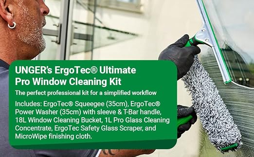 Unger Commercial Window Cleaning Kit Set – Microfiber Sleeve, 14'' ErgoTec Squeegee, 3 Gallon Bucket, 1L Glass Cleaner, Safety Scraper, Microfiber Cloth – Professional Window Cleaning Equipment, WNK15