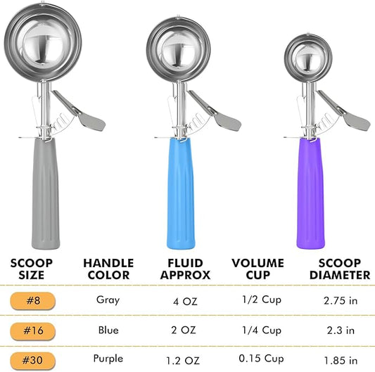 JUNADAEL J Ice Cream Scoop, Cookie Scoop Set, Incluede 1.2 OZ/ 2 OZ/ 4 OZ Scoop, Portion Control For Cookie Dough, Ice Cream, Cupcake, Muffin, Mashed Potatoes, Side Dish, Pancake