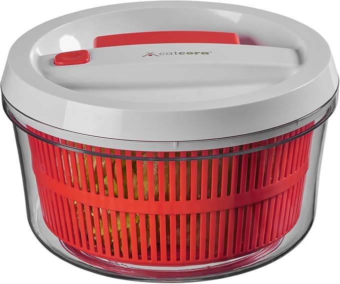 CatCora Quickspin One-Handed Salad Spinner, Accelerated Pump-Action With Built-In Break For Perfectly Dried Salad Greens, Ergonomic Single-Hand Design