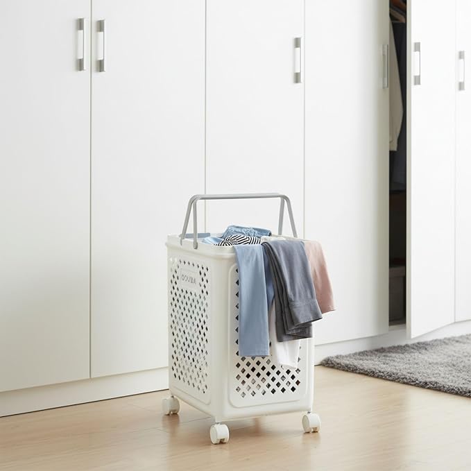 49L Collapsible Laundry Baskets, Plastic Laundry Hamper with Handles, Foldable Laundry Bin, Laundry Basket with Wheels for Laundry Room Organization, Ideal for Clothes, Towels, Blankets, White