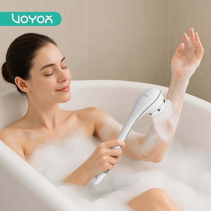 VOYOR Electric Body Brush Back Scrubber for Shower Rechargeable Exfoliating Bath Brush Powered Shower Brush with Non-Slip Long Handle Deep Cleansing, Exfoliation, Massaging Spin Brush BC100 (Grey)