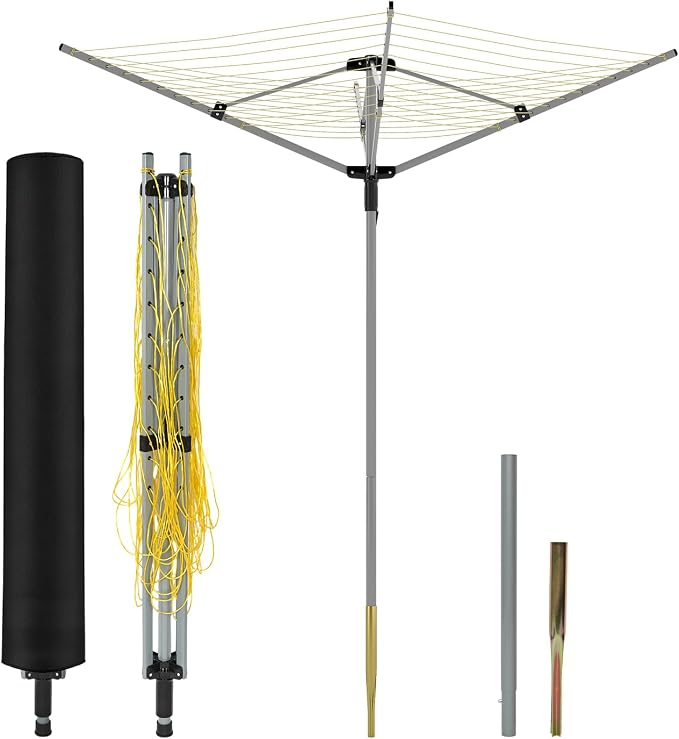 tonchean 165 Feet Clothesline Outdoor Umbrella Drying Rack, 4-arm Rotary Umbrella Clothesline for Laundry Adjustable Height Rotary Dryer Collapsible Clothes Drying Rack with 12-Lines