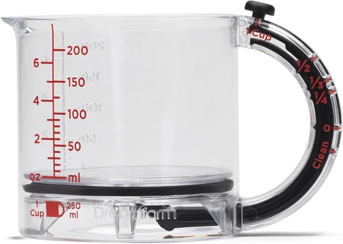 Dreamfarm Upcup All-in-1 Adjustable Measuring Cup, Metric & Imperial Measurements up to 1 Cup - Black/Clear | Measures dry and liquid ingredients and scrapes itself clean, easy-to-read metric and imperial measurements, microwave safe