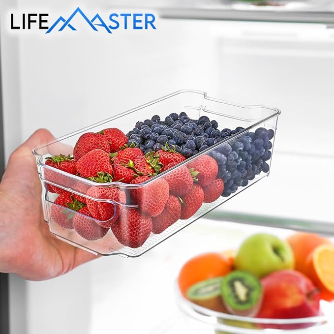 Lifemaster Multi-Purpose Refrigerator Bins - 8 Pieces Usable And Stackable Design Fridge Bin Organizer With Easy Grip Handles - Clear