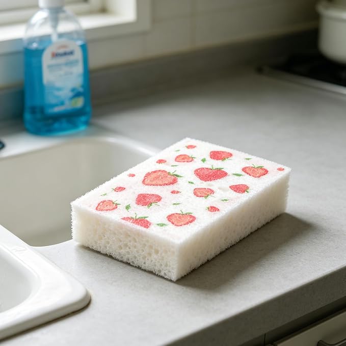 Scratch Scrub Sponge, 6 Kitchen Sponges for Cleaning Around the Home, Bathroom & More, Large Size Scratch-Free Dish Scrubber, Best for Nonstick Pots and Pans (4" x 6" x 1",Strawberry)