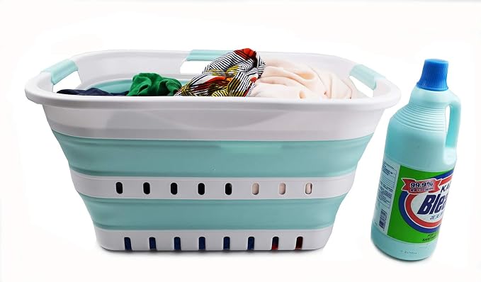 SAMMART Set of 2-30L (8 gallon) Collapsible Plastic Laundry Basket - Foldable Pop Up Storage Container/Organizer - Space Saving Hamper/Basket (2, White/Lake Green)