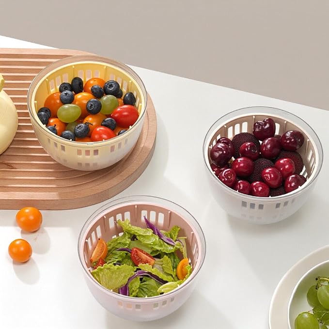 Fruit Washing Bowl with Strainer,Colander for Kitchen,Multi-Functional Vegetable and Food Drainer with Lid And Handle,Portable Fruit Containers for Fridge,BPA Free,Ivory White