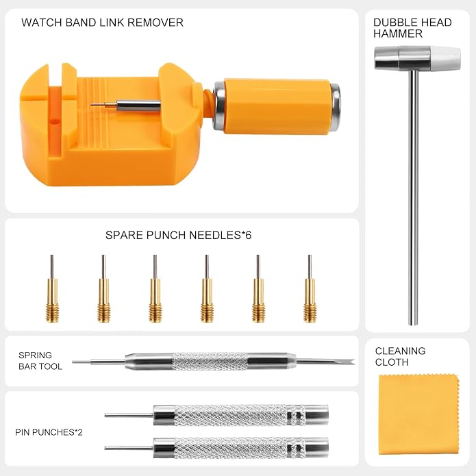 Watch Link Removal Kit,Professional Pin Remover and Band Adjuster | Resizing Tool And Repair Set for Bracelet Adjustment & Replacement with 6 Extra Pins,1 double-head hammer and 1 spring bar