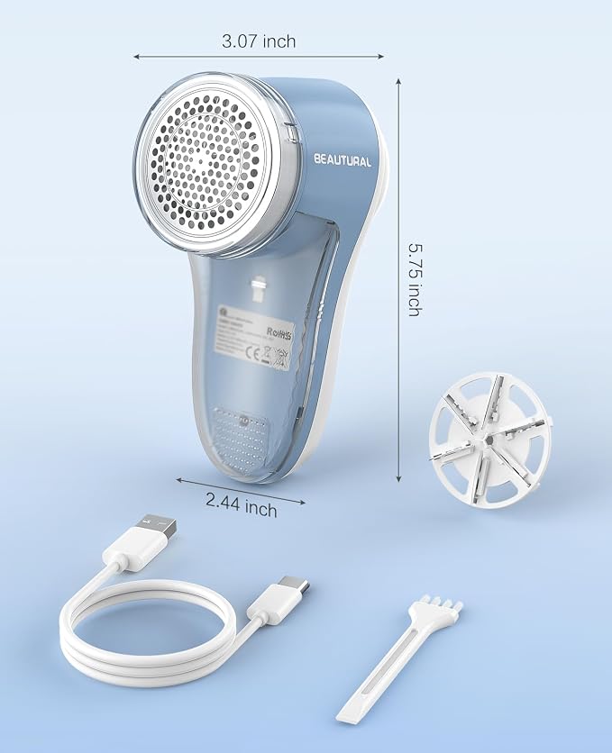 BEAUTURAL Fabric Shaver and Lint Remover, Rechargeable Sweater Defuzzer | 6-Leaf Blades, Electric Clothes Shavers to Trim Fuzz and Pills, Remove Pilling for Clothing, Furniture, Couch, Blanket