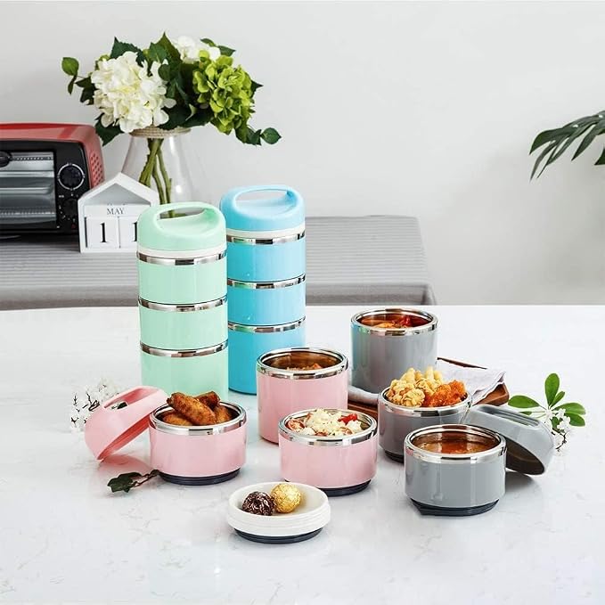 Lille Home Stackable Stainless Steel Thermal Compartment Lunch/Snack Box, 3-Tier Insulated Bento/Food Container with Lunch Bag, Utensils Set and Three Extra Seals, 43OZ (Green with Utensils)