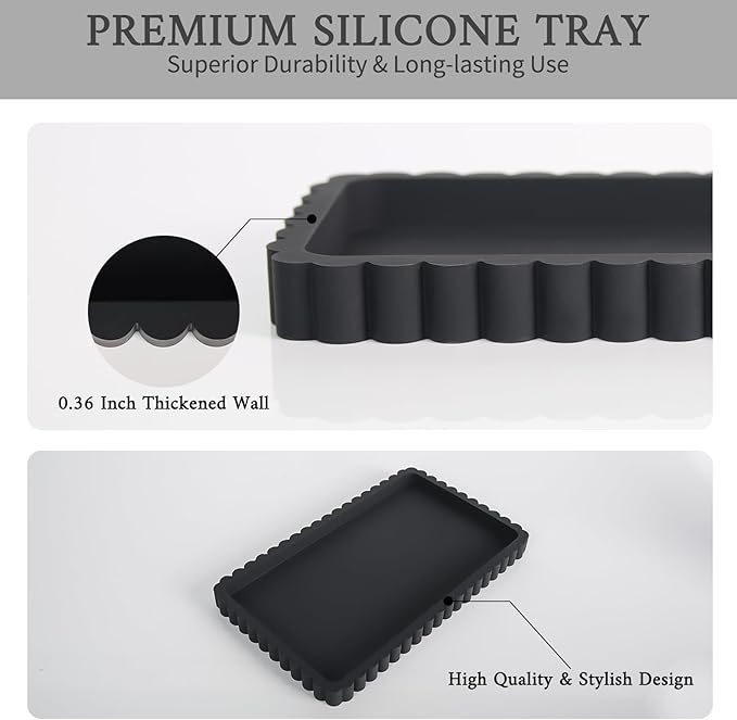 Silicone Bathroom Vanity Tray, Sink Caddy for Dish Soap Dispenser, Sponge Holder for Kitchen Sink, Rectangle Bathroom Countertop Organizer for Perfume, Jewelry, Candle (9.9” * 6”, Black)