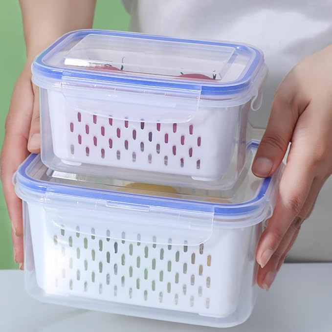 2 Pcs Fruit Storage Containers for Fridge,with Removable Colanders and Lid Food Storage Containers Fruit Washing Bowl for Salad Vegetables Meat Keeper Fresh(COLOR:Clear White)