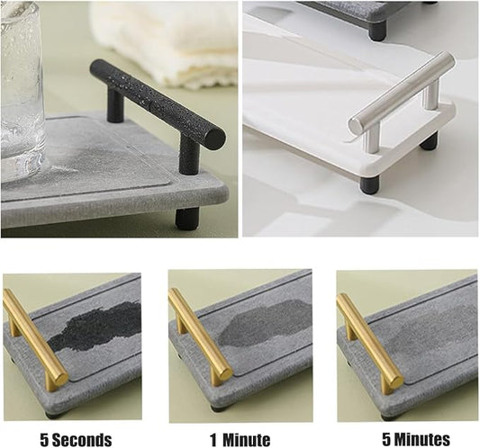 Instant Dry Sink Caddy Organizer,Diatomaceous Earth Bathroom Organizer with Handle Water Absorbing Stone Tray for Sink Water Absorbent Diatomite Coasters (S White Black Handle)