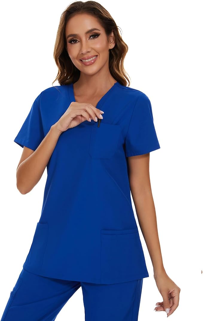 Scrubs Tops for Woman - Soft Stretch, V-Neck Tops | 3 Pockets, Side Split Design, Short Sleeve, Breathable & Lightweight Nursing Shirt, Easy-Care Fabric for All-Day Comfort