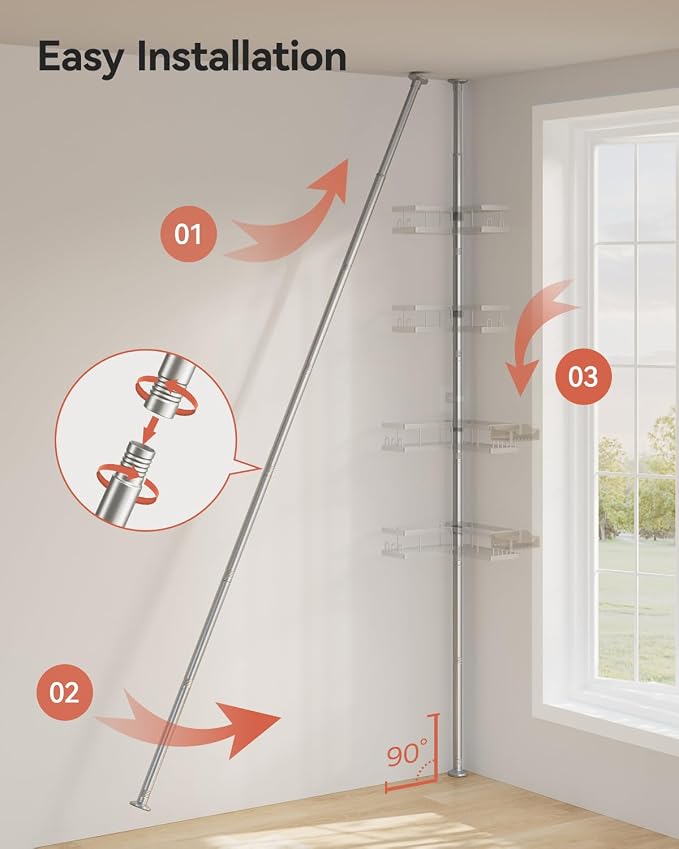 YASONIC Corner Shower Caddy Tension Pole, 25.7-109.1in Adjustable Shower Shelves, Rust-Resistant Shower Organizer, No-Drill 3-Step Installation, Bathroom Shelves for Renters & Family, Silver