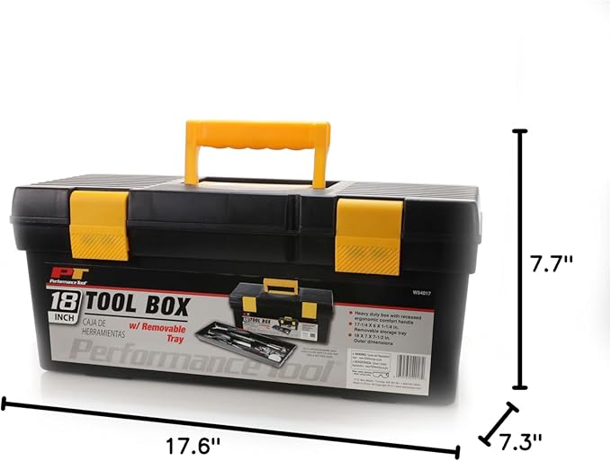 Performance Tool W54017 18-Inch Plastic Box with Handle, Tool Organizer Storage Box, Removable Inner Tray, Lightwieght & Easy to Carry