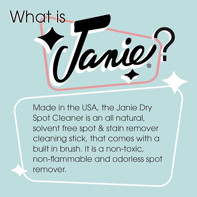 Janie Dry Stick Spot Cleaner (.4 oz) – Portable Instant Stain Remover Stick for Clothes – Magic Eraser Pen for Laundry, Travel, and On-the-Go Stain Removal – Compact, Safe, and Easy to Use