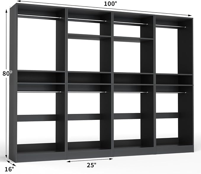Unikito 100 Inch Large Closet System, 8.3FT Wood Closet Organizer Kit with 8 Hanging Rods, Adjustable Walk in Wardrobe Closet Tower, Sturdy Luxury Clothes Garment Rack, Easy Assembly, Set of 4, Black