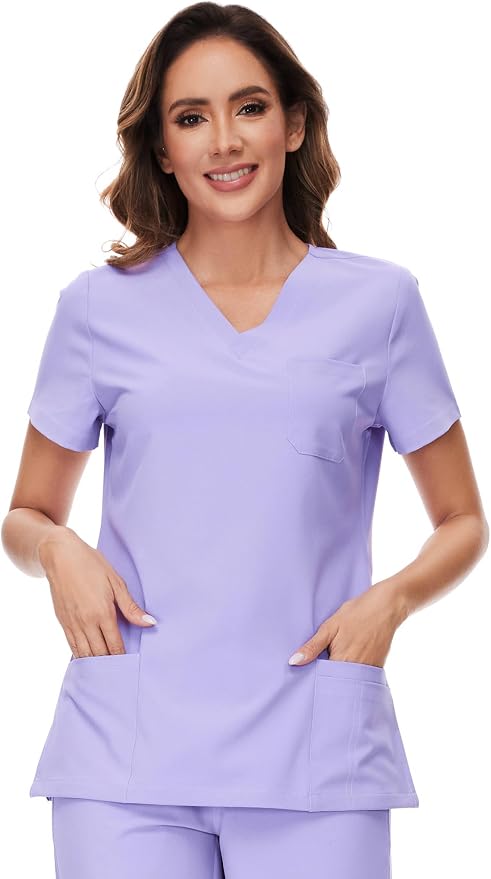 Scrubs Tops for Woman - Soft Stretch, V-Neck Tops | 3 Pockets, Side Split Design, Short Sleeve, Breathable & Lightweight Nursing Shirt, Easy-Care Fabric for All-Day Comfort