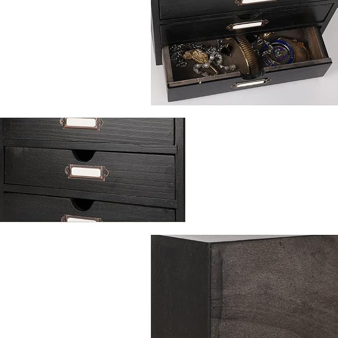 Small Wooden Drawers Wooden Box with Drawer Black | 4 Drawer Storage Box for Apothecary Cabinet, Apothecary Drawers,Desktop Organizer with Metal Handles for Office,Home