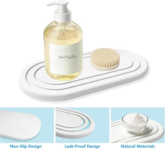 2PCS Water Absorbing Stone Tray, Quick Drying Diatomite Bathroom Tray, Drying Stone for Kitchen Counter, Soap Dish Dispenser Vanity Organizer