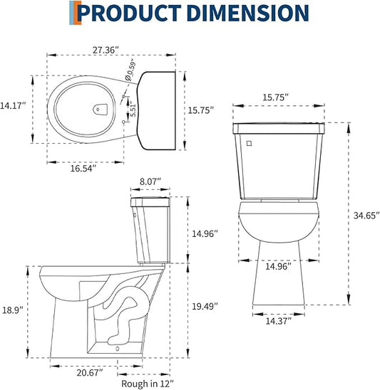 Two Piece Toilet with 19" ADA Height, Round Ceramic Bowl and Locking PP Lid - Side Push Handle, CUPC Certified, Water Efficient 1.28 GPF