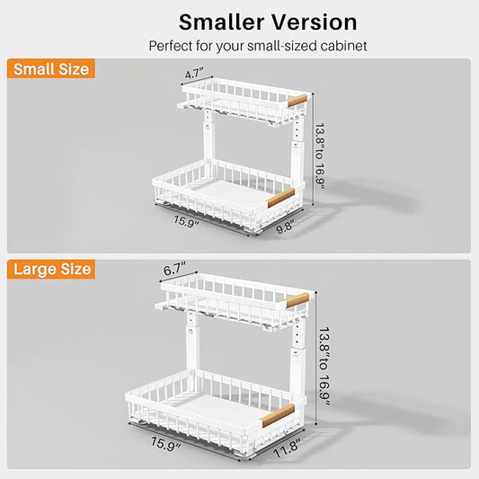 PXRACK Under Sink Organizer, Adjustable Height, 2 Tier Pull Out Under Cabinet Organizer, Slide Out Thickened Metal Under Sink Storage for Kitchen Bathroom Laundry Pantry Cabinet, White, Small-2-Pack
