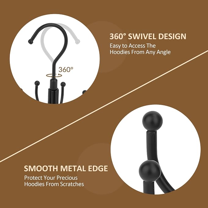 ZEDODIER Hoodie Hangers, 2 Pack Rotatable Hoodie Organzier for Closet, Max 16 Storage Capacity Hoodies Holder, Metal Space Saving Closet Organizers and Storage, Black