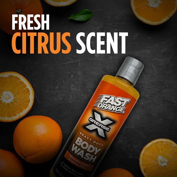 Fast Orange 25716 Grease X Body Wash, Exfoliating & Hydrating Heavy Duty Shower Gel for Men and Women, Mechanic & Industrial Body Soap Removes Grime, Oil, Automotive Odors & More, Citrus Scent 16 Oz.