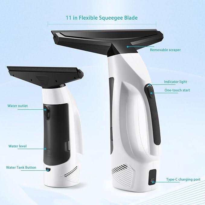 Window Vacuum Squeegee Cordless, 2000Pa Electric Rechargeable Window Cleaner with 200ml Water Tank, Cleaning Kit with Spray Bottle & Microfiber Pad for Glass, Mirror, Shower Door, Car Windshield