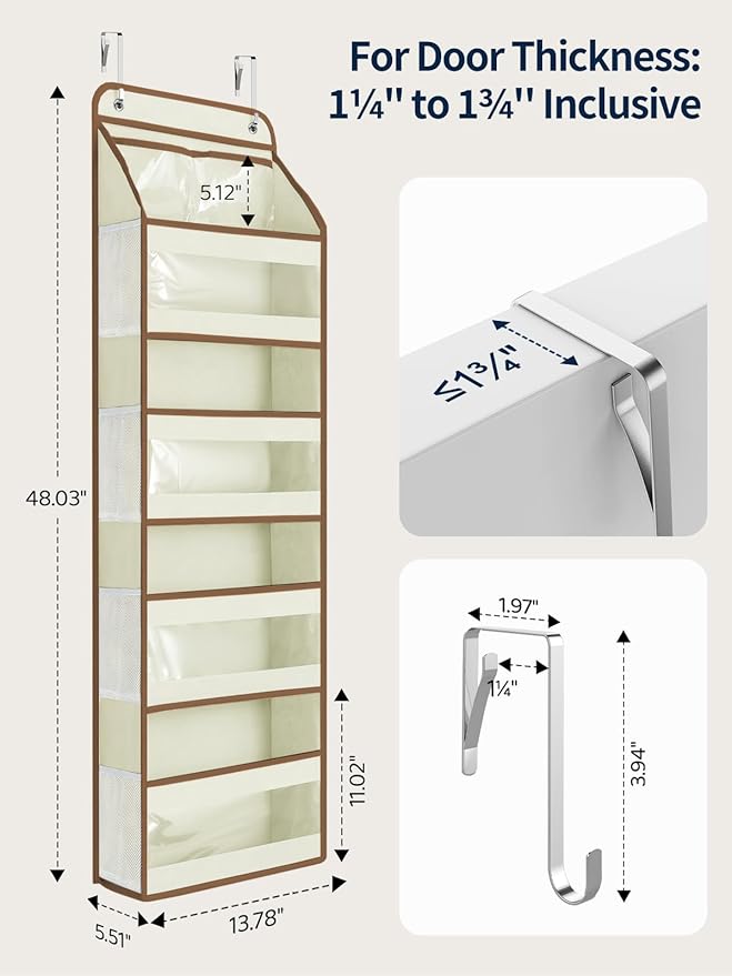 Yecaye 5 Tier Over the Door Organizer, Swing-proof Door Organizer Hanging with Clear PVC Windows, Behind the Door Storage for Bedroom Nursery Closet Laundry Pantry Bathroom, Beige