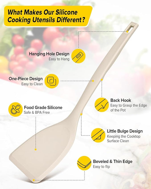 Pack of 4 Silicone Cooking Utensils Set, Non Stick Solid Spatulas and Heat Resistant Slotted Spoons with Back Hooks, Ideal BPA Free Kitchen Utensils Set for Frying,Serving,Turning,Stirring(KHAKI)