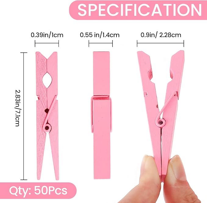 50PCS Colored Wooden Clothespins, 2.9inch Pink Clothes Pins for Clip Pictures Photos Decorative, Small Colorful Wood Decoration Closepins Clips | Colorful Close Pins Wood for Photos Classroom School Decoration Craft Cheer, Pink