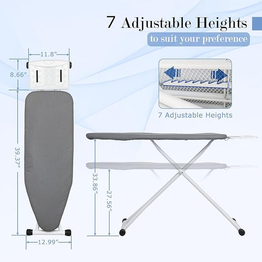 Ironing Board 48×13 Inch, 7-Level Height Adjustable, T-Steel Frame, Foldable, Heat Resistant Removable Cover, Grey