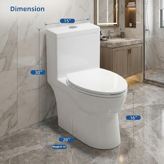 Elongated One-Piece Toilet, 16" ADA Compliant Ceramic Construction, Dual Flush 1.1/1.6 GPF, Includes Quick-Install PP Seat, Comfort Height in White