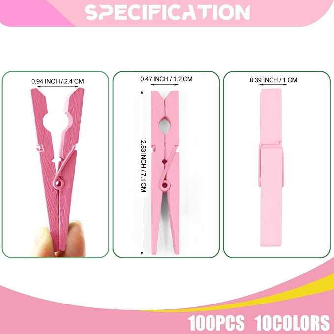 100 Pcs Pink Clothes pins - 2.9 Inch Wooden Clothespins Cheer Clips | Vibrant for Crafts Classroom Decorations Clothing Pictures Laundry Solid Wood No Splinters Fade‑Proof