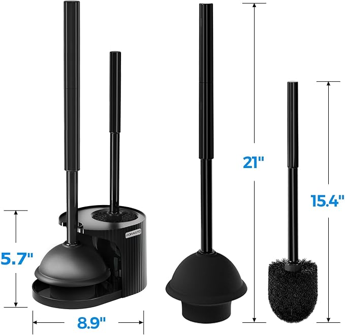 FORASTO 2IN1 Toilet Brush and Plunger Set, 4Pack Long Handle Bathroom Combo | Toilet bowl brush and holder, black bathroom accessories, apartment essentials, cleaning supplies, space-saving storage