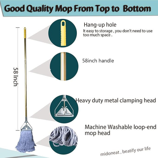 Midoneat Heavy Duty Commercial Industrial Mop ,58" Looped-End String Wet Cotton Mops for Floor Cleaning, Including Three mop Head Replacement