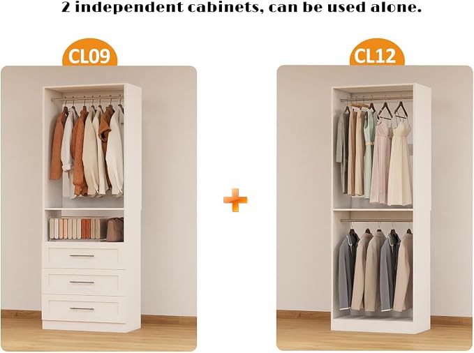 Closet System with 3 Drawers, 4FT-10FT Closet Organizer Systems with 5 Hanging Rods, Walk in Closet Freestanding Corner Closet System Modular Closet System 2 Sets White (4FT)