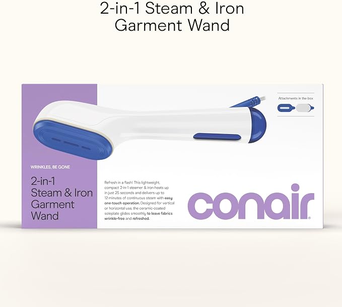 Conair Clothes Steamer, 2-in-1 Travel Steamer & Iron, Anti-Drip, White/Blue | Portable handheld garment steamer for clothes w/ iron, quickly removes wrinkles, dual voltage 120-240V & heats in 75 seconds