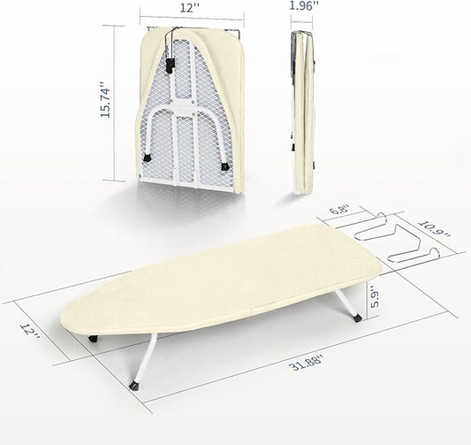 Mini Ironing Board with Iron Rest, Small Iron Board Foldable with Heat Resistant Cover, BlissBoard Tabletop Compact Iron Table for Dorms, Aprtment and Travel, 32"x12", Ivory