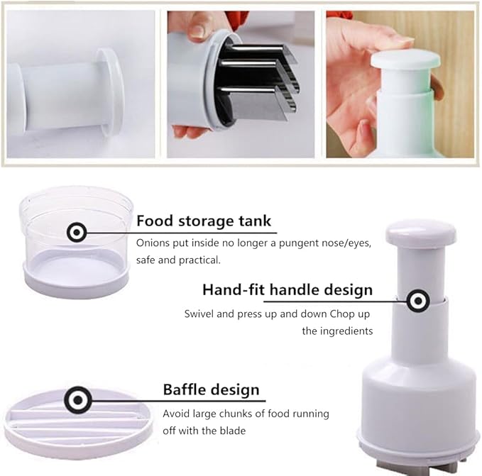 Food Chopper, Mini Garlic Dicer with Stainless Steel Blades, Hand-Press Vegetable Cutter for Onions, Tomatoes, Nuts - Kitchen Helper with Non-Slip Base, Easy to Clean & Save Time