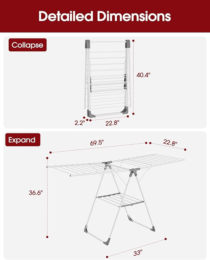Sakugi Clothes Drying Rack, 69.5" Adjustable Wings, Foldable Design | Laundry Room, Bedroom, Outdoor & Indoor Use, Height Adjustable, Collapsible, White Gray, 69.5" L × 22.8" W